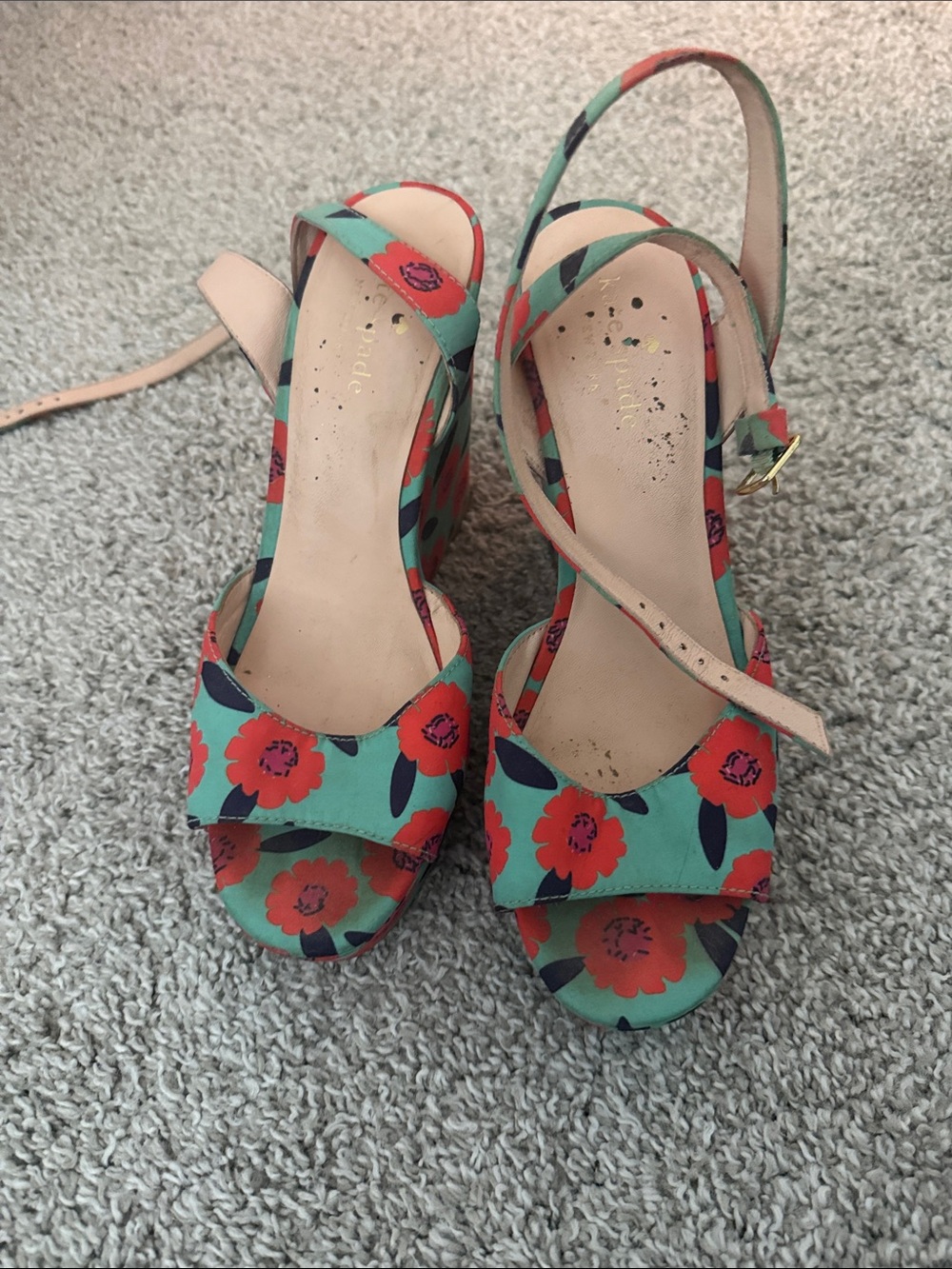 kate spade Floral Peep-Toe Wedge Sandals in Teal and Coral
